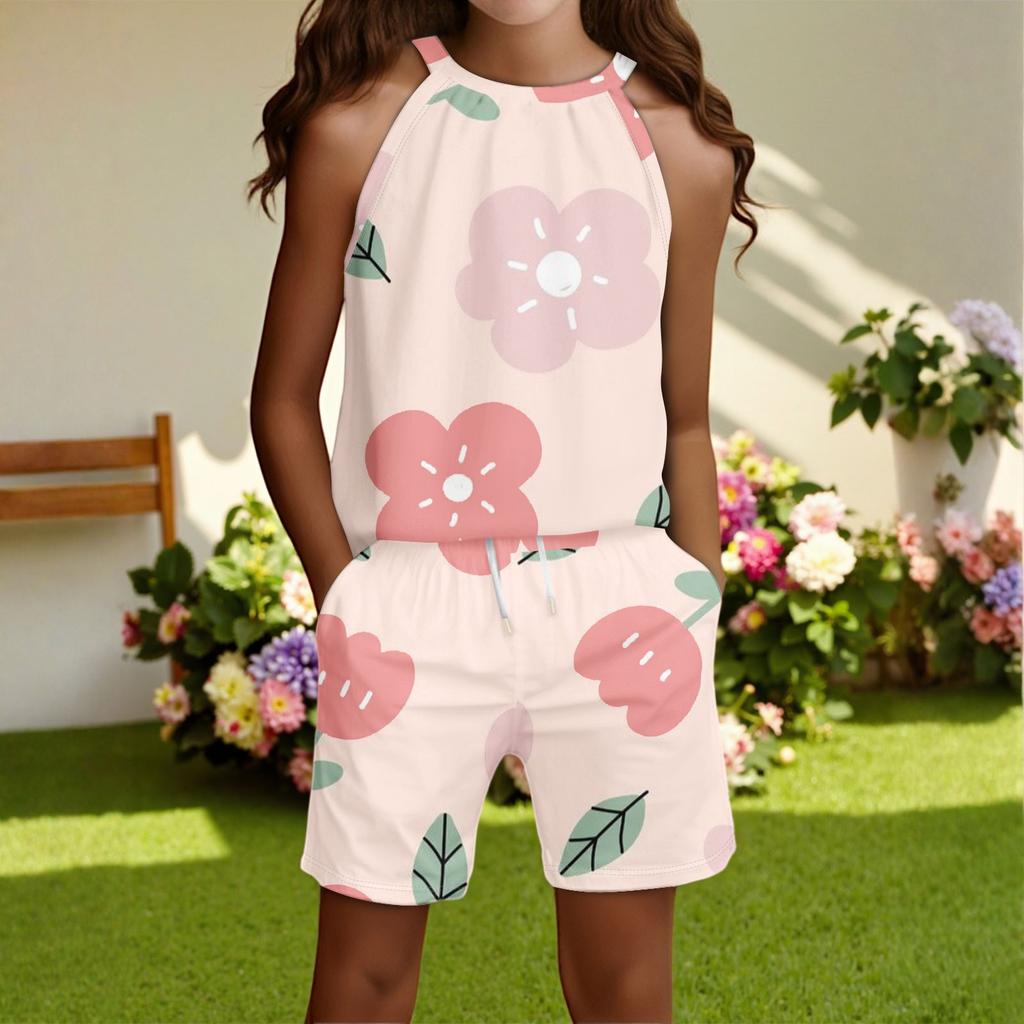 Children's Casual Fashion Round Neck Sleeveless  Top Shorts Set