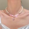 Cute Romantic Pink Bowknot Pearl Beaded Heart Crystal Cross Pendant Necklace for Women Charm Sexy Y2K Collar Jewelry Accessory