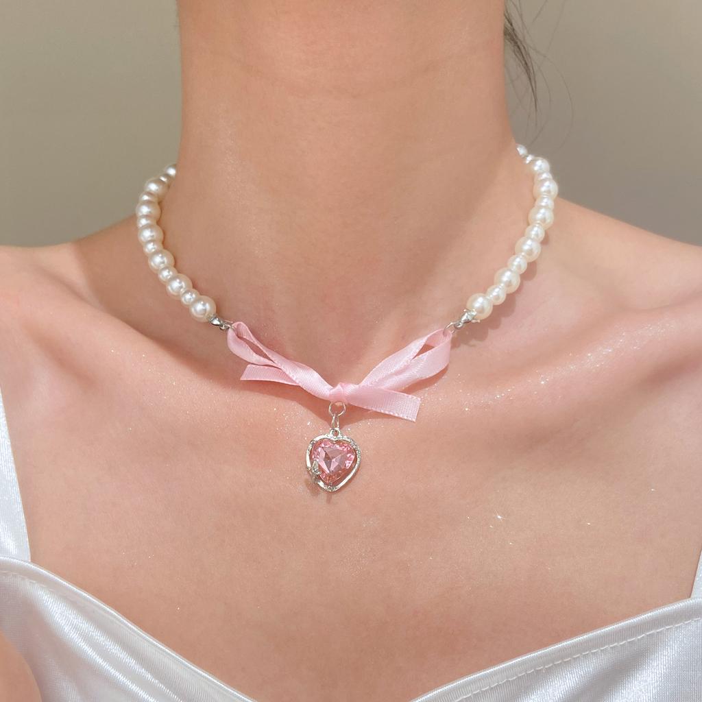 Cute Romantic Pink Bowknot Pearl Beaded Heart Crystal Cross Pendant Necklace for Women Charm Sexy Y2K Collar Jewelry Accessory