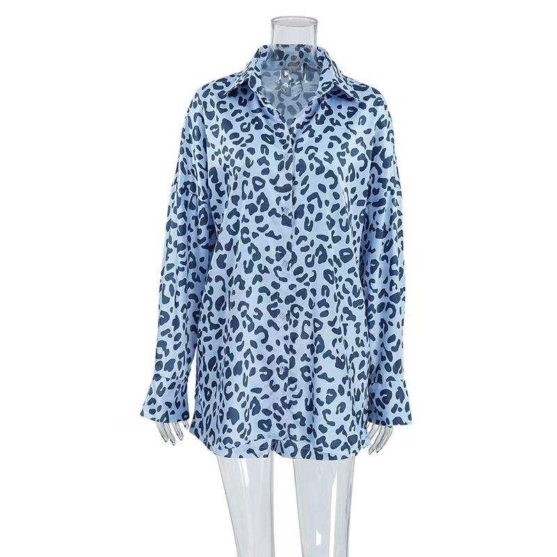 

Fashion Wind Satin Leopard-Print Shirt Shorts Suit Leopard Print Shirt and Shorts Set Blue S