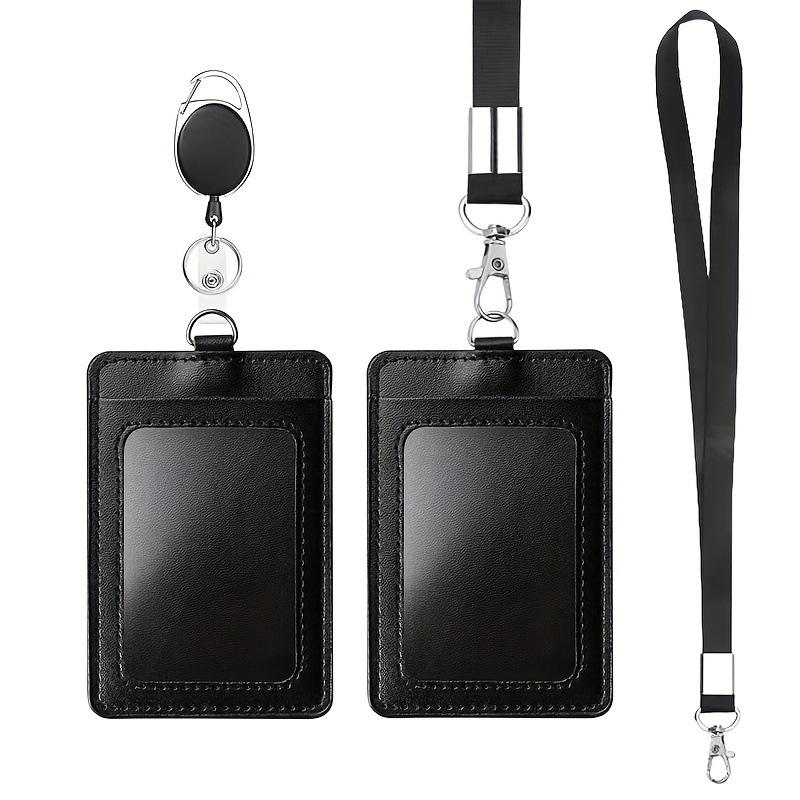 PU Leather ID Card Holder Work Badge Access Card Holder Employee Badge Meal Card Easy Pull Buckle Card Holder Lanyard