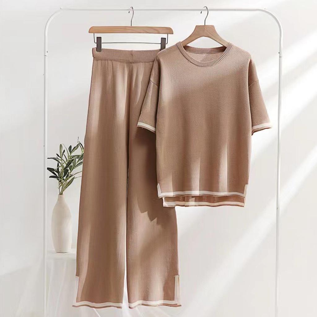 Womens Knit 2 Piece Sweater Sets Short Sleeve Pullover Tops Elastic Waist Wide Leg Pants Women Set