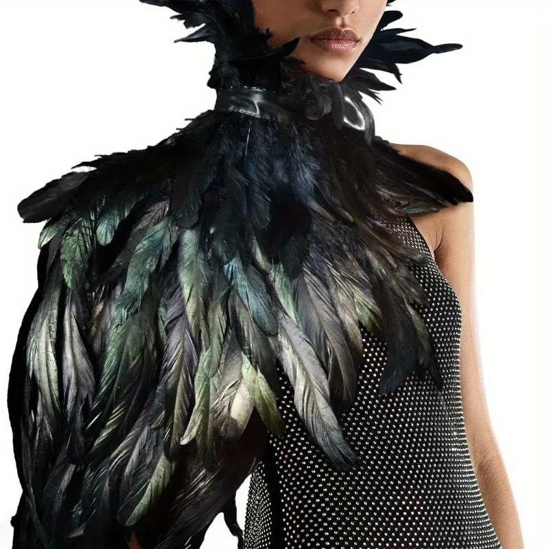 1 buc. Mantie Pelerină cu Pene Negre Gotică, Pene Naturale Costum Halloween Crăciun Mantie Misterioasă Petrecere Accesoriu Cosplay
