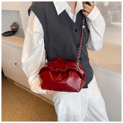 Women New Fashion Chain Crossbody Bag Solid Color Folded Cloud Bag Female Soft PU Leather Single Shoulder Underarm Bag
