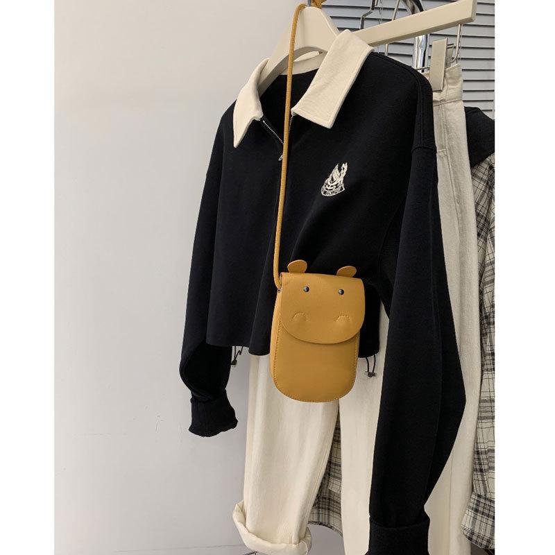 Women's Black Retro Polo Collar Half-Zip Sweatshirt - Petite, Long Sleeve, Spring/Autumn Lazy Style Top