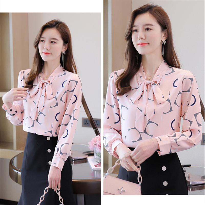 M-4XL Women Spring Summer Style Chiffon Blouses Shirts Lady Casual Long Sleeves Bow Tie Collar Printed Blouses Tops