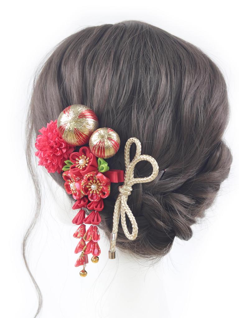 [Handmade by NANA] Hair Ornament, Tsumami Zaiku (traditional Japanese Fabric Flower Making), Japanese Ball, Ribbon, for Coming-of-Age Ceremony,
