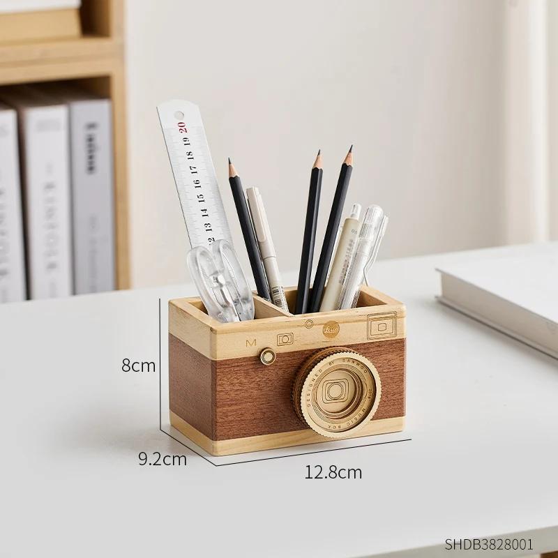 Artistic Camera Pen Holder Home Decor Retro Office Study Desk Decoration Stationery Container Wooden Crafts Gift for Students