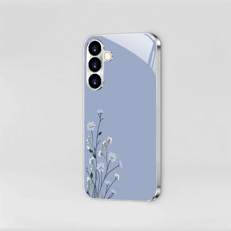 Light Blue and White Flower Glass Phone Case Suitable for Samsung Galaxy S26 S25 S24 S23 S22 S21 S20 FE/Ultra/Plus Anti Drop