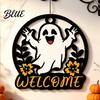 Rustic Pumpkin Door Decor Halloween Ghost Round Wooden Welcome Hanger Wall Plaque Tiered Tray Ornaments with Rope Hanging for Front Living