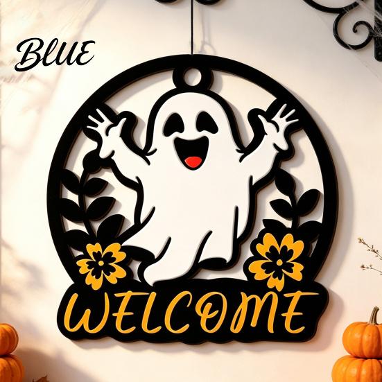Rustic Pumpkin Door Decor Halloween Ghost Round Wooden Welcome Hanger Wall Plaque Tiered Tray Ornaments with Rope Hanging for Front Living
