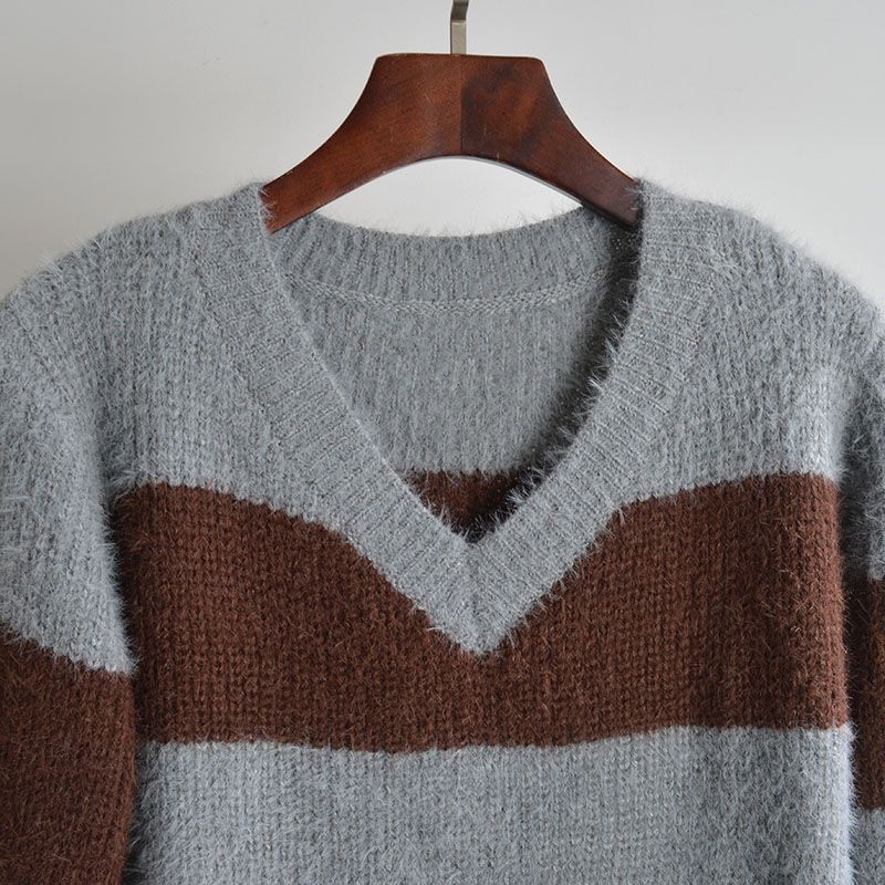 Fall and Winter Mixed Color Stripe V Neck Pullover Knitwear Women's Clothing Idle Style Loose Soft Glutinous Long Sleeves Sweater Outer Tops