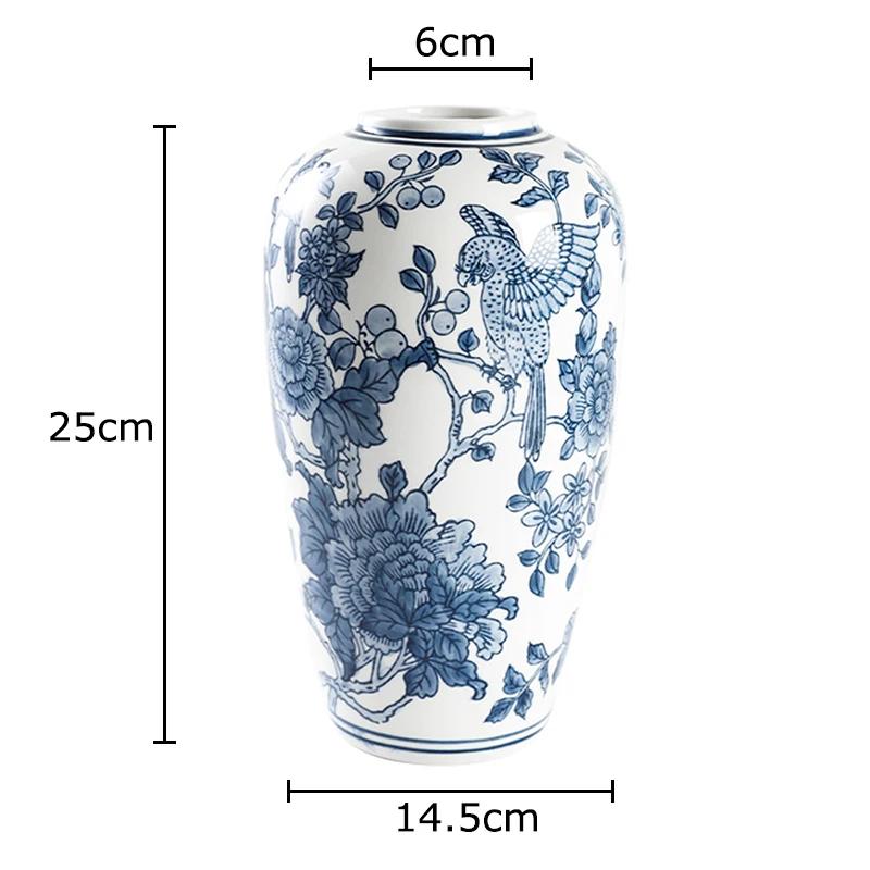 Flowers and Birds Pattern Blue Porcelain Vase Plant Pots Table Decoration Flowers Arrangement Floral Vases Room Aesthetic Decor