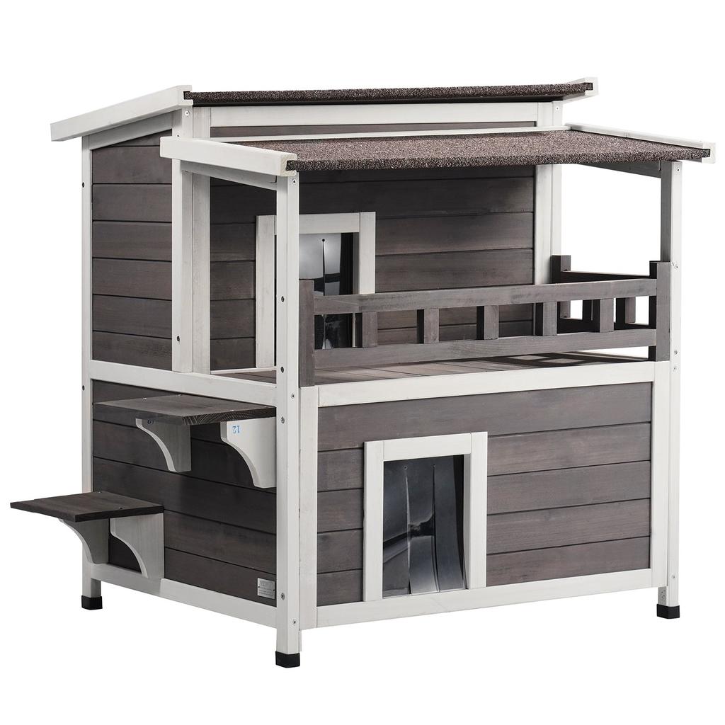VEVOR Outdoor Cat House Weatherproof, Feral Cat Shelter for Multiple Cats, 2-story Large Outdoor Wooden Cat House with Balcony, Doors