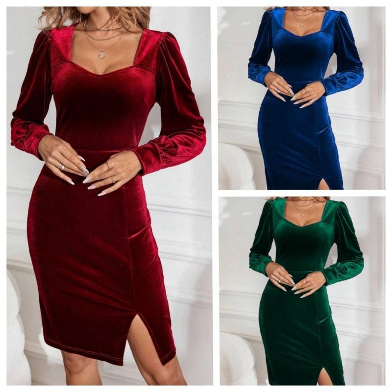 2025 cross-border Europe, America, autumn and winter new split-ended slim-fitting leg of lamb sleeves square collar casual velvet long-sleeved dress