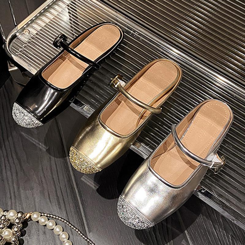 Fashion Glitter Gold/Silver Sequins Flats Slippers Woman Belt Buckle Mules Home Pantuflas Shoes Ladies Casual Slides Beach Sandalias2025