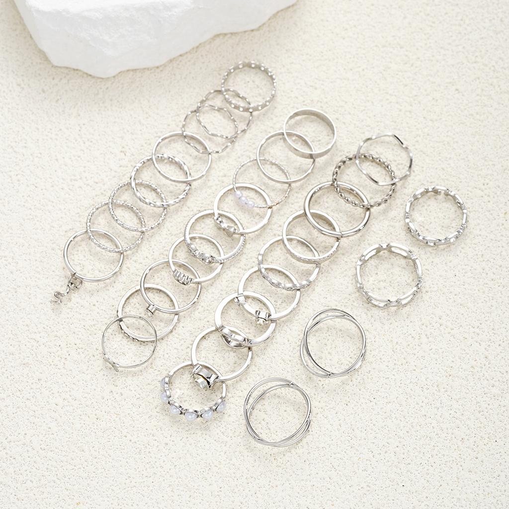 30 PCS Silver Color Geometric Ring Set For Women Vintage Heart Eye Cross Sun And Moon Leaf Charm Finger Ring Female Boho Jewelry