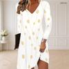 Women Plus Size V Neck Long Sleeve Black Floral Printed Curved Hem Dress