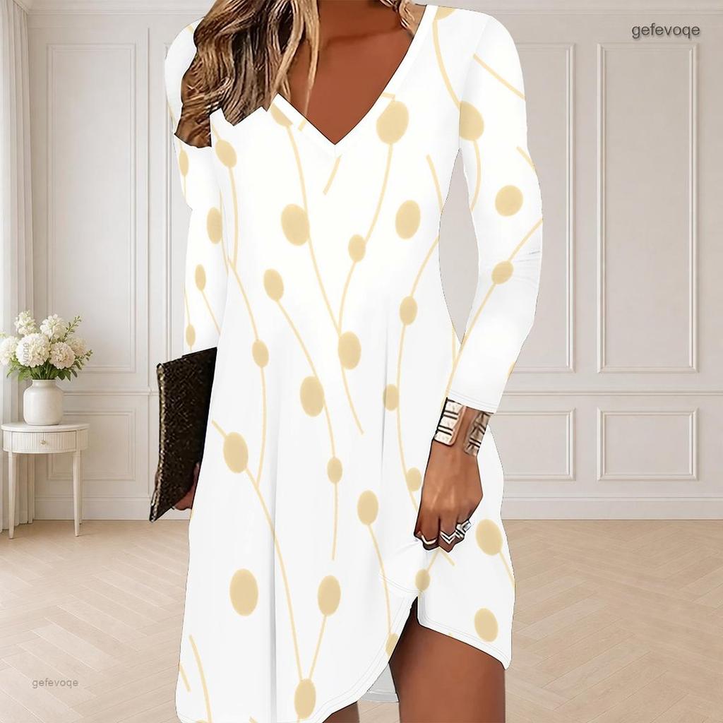 Women Plus Size V Neck Long Sleeve Black Floral Printed Curved Hem Dress