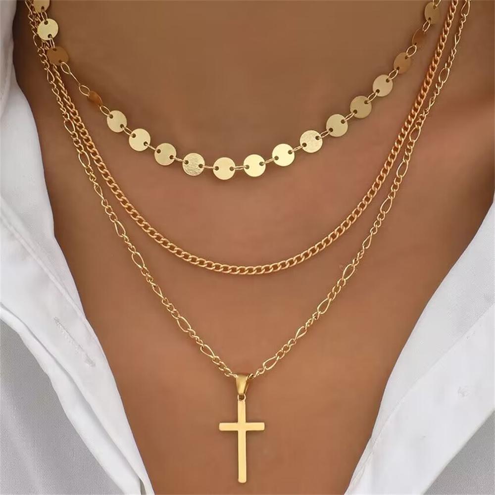 New Vintage Crystal Geometry Star Moon Lock Necklace For Women Boho Multi-level Pendants Necklaces Chokers Jewelry Gift