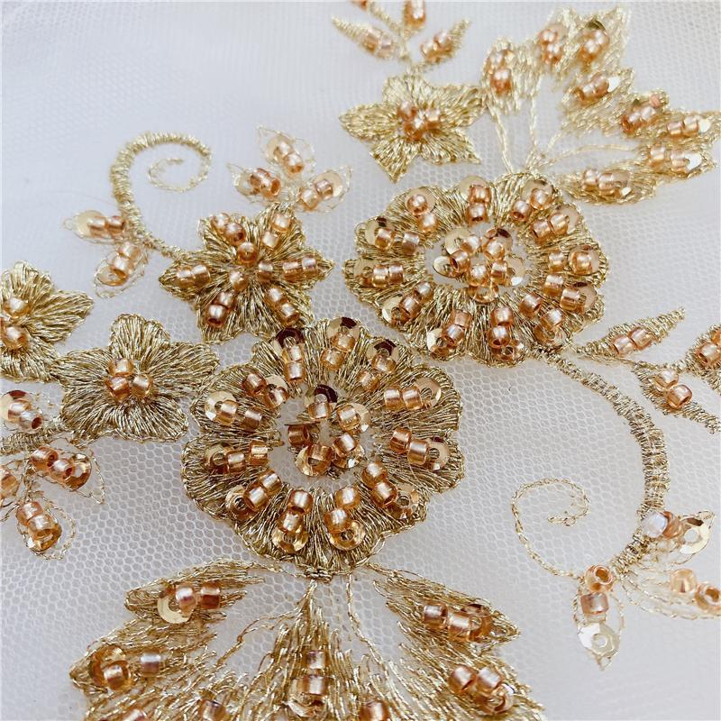 1Pcs Golden Silver Lace Applique Beads Neckline Collar Appliques Embroidery Lace Trim Fabric Cloth Sewing Patchwork