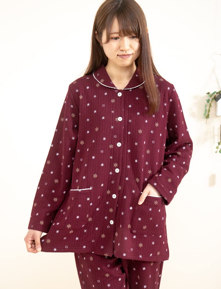 Cotton Knitted Crystal Long Room Winter Product 40010 [K's Eye] Skin-friendly 100% Padding, Quilt, Pattern, Open-front Pajamas, Women's, Sleeves,