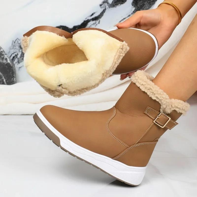 Women Snow Boots Thickened Warm Casual Leather Boots Short High Top Outdoor Non-slip Warm Plush Winter Plush Fashion Boots