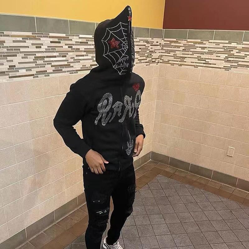 Spiderweb Letter Print Rhinestone Hooded Zip-Up Oversized Sweatshirt Women Streetwear Casual Long Sleeve