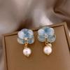 Korean Blue Drip Oil Flower Pendant Earrings for Women Retro Elegant Imitation Pearl Petal Earrings Temperament Jewelry Gifts