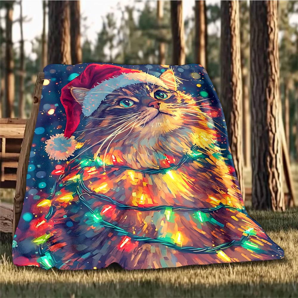1pc Christmas Cat Outdoor Soft Polyester Flannel Throw Blanket Versatile for All Seasons , Soft , Cozy , Warm All Season Quilted Throw ,