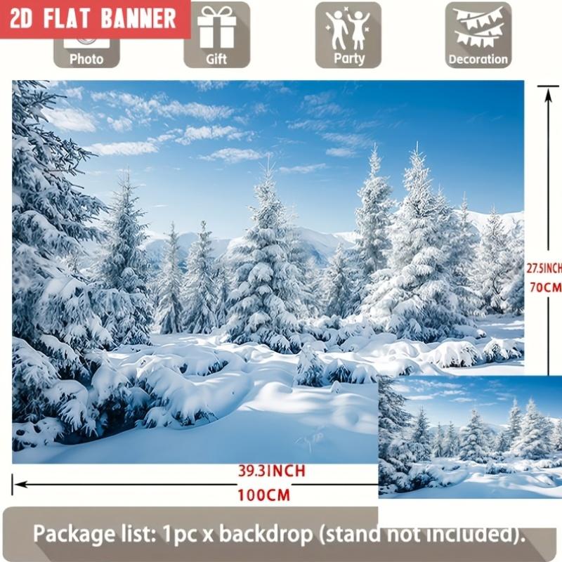 2D Flat Party Backdrop Banner - Snow Theme with Snow-Covered Pine Trees & Blue Sky, Polyester Photo Background for Wedding, Birthday & Family Party