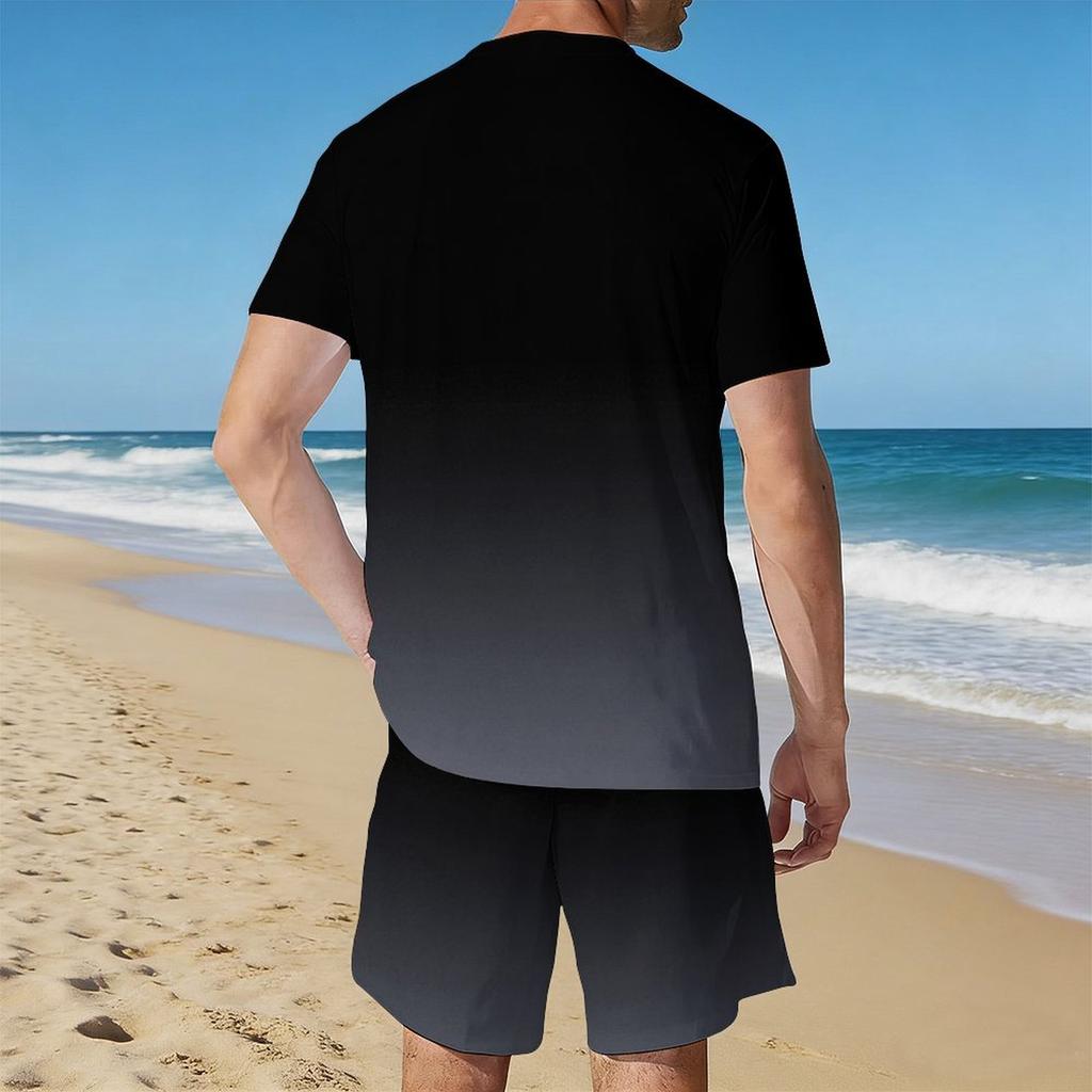 Men Black Grey Gradient Short Sleeve T Shirt And Matching Knee Shorts Two Piece Outfit