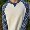 DRIPX Autumn New Plaid Patchwork Waffle Top with Raglan Sleeves and Round Neck Loose Retro Unisex T-shirt