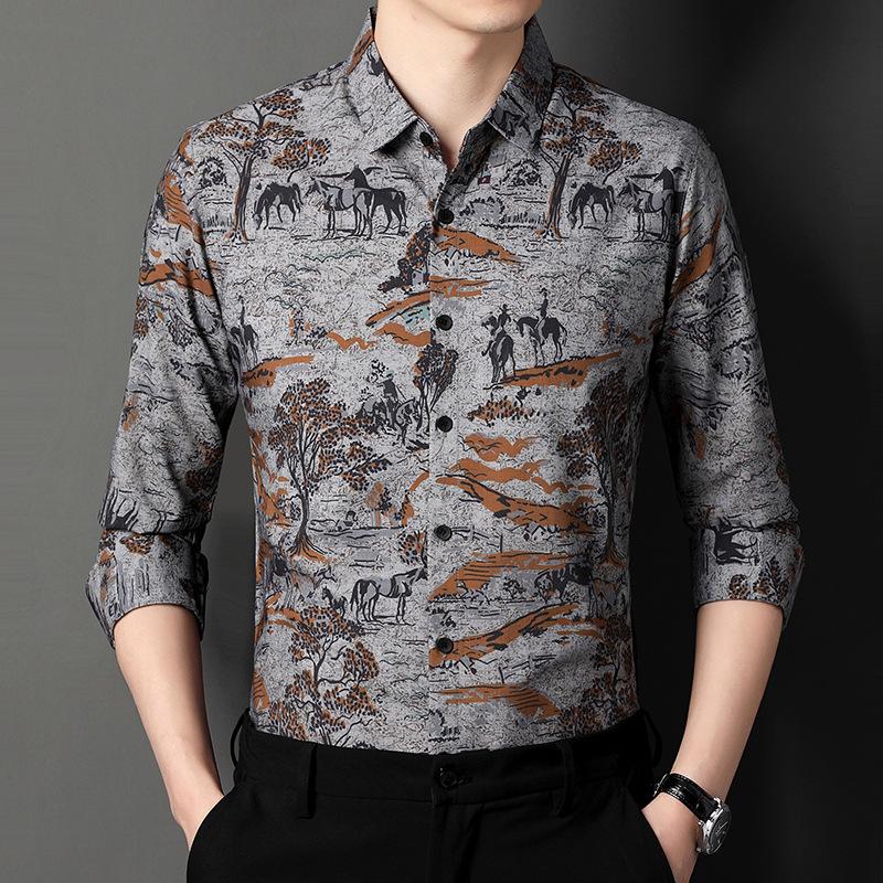 Floral Shirt Men's Long-sleeved Youth Floral Pattern Spring Young and Middle-aged Fashion Men's Casual Floral Shirt Printing Trend