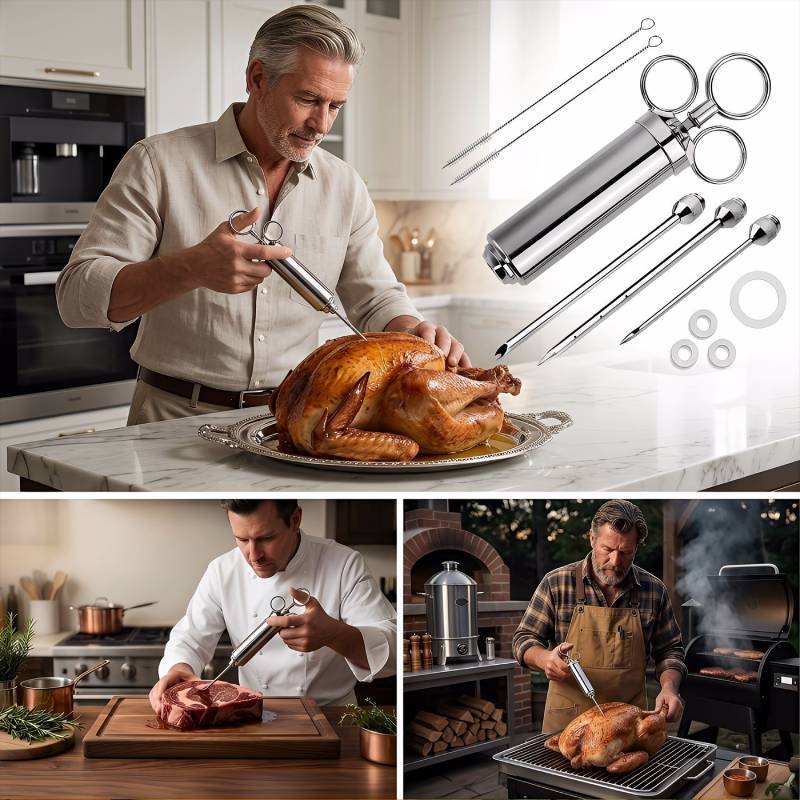 Stainless Steel Marinade Injector With Three Needles For Barbecue And Meat Flavoring