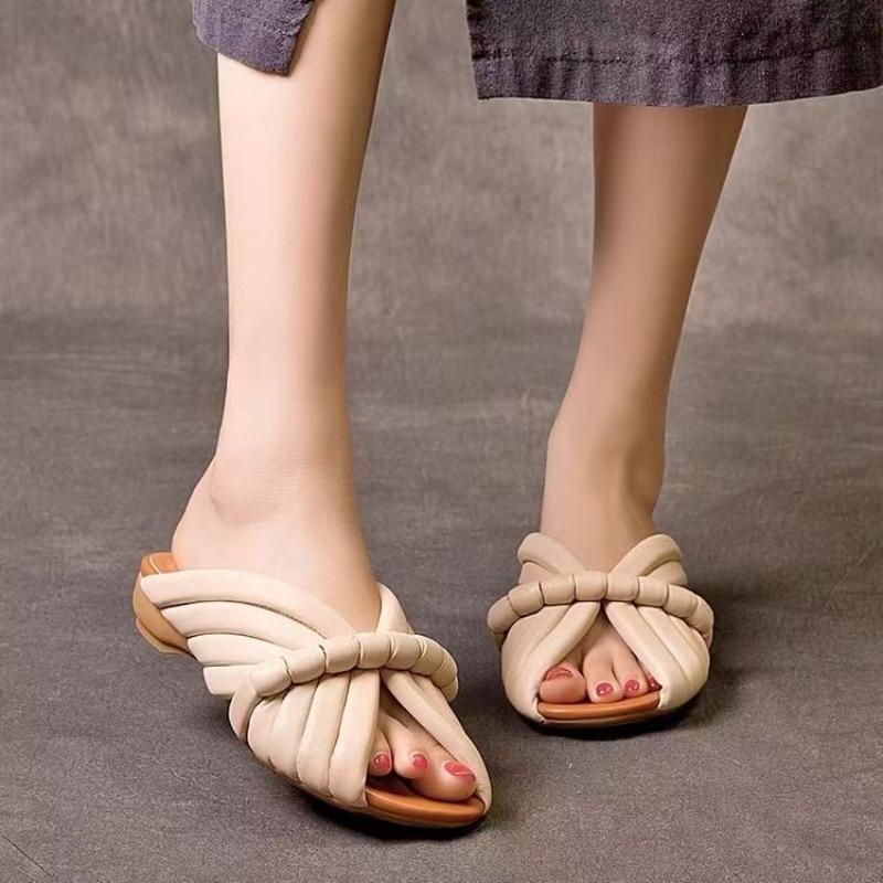 Fashion Summer New Low Heels Women Fashion Round Head = Open Toe Shallow Mouth Woven Soft Sole Anti-wear Slip-on Slippers