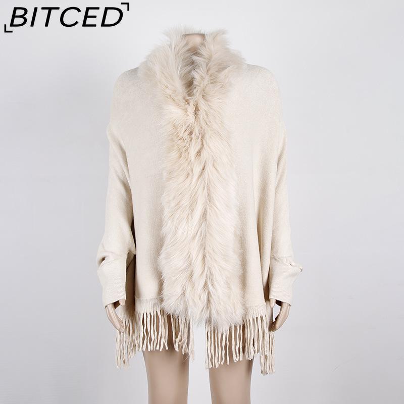BITCED Fall/Winter Fringe Cape Shawl with Fur Collar Solid-Color Knit Sweater Jacket