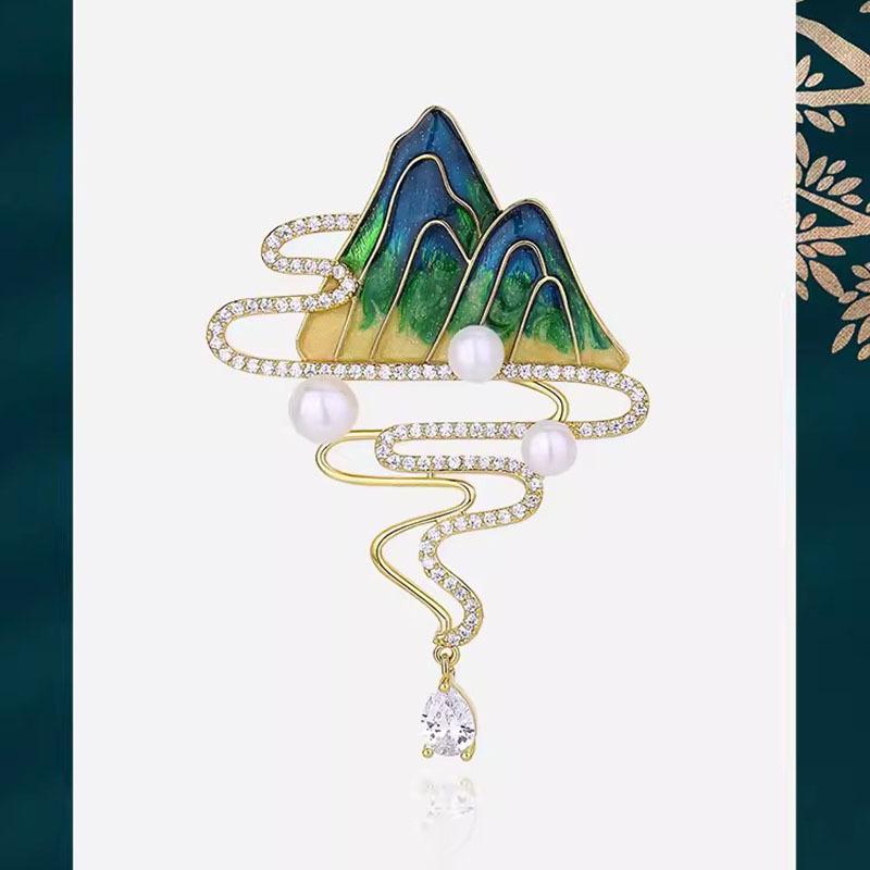 

Chinese Trend Ten Thousand Miles of Mountains and Rivers Brooch, Personalized Pearl Brooch Pin, Overcoat, Anti-glare