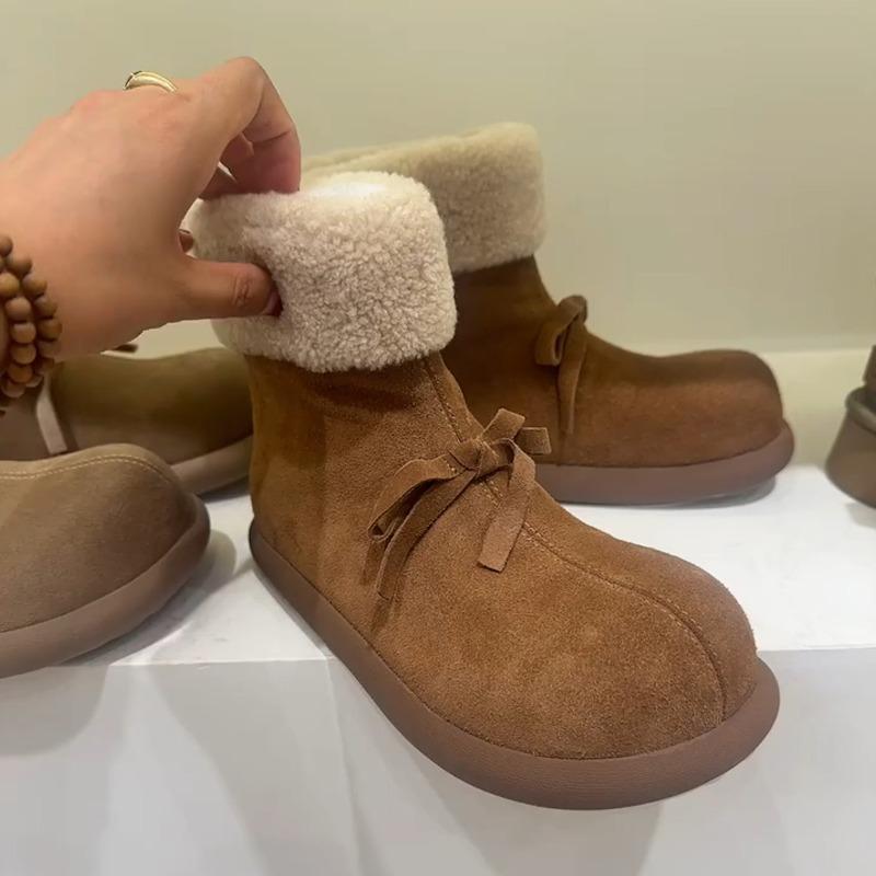 Version peau de vache~ polaire intégrée fourrure laine chaude coton bottes femmes rétro vent bottines nœud antidérapantes bottes de neige