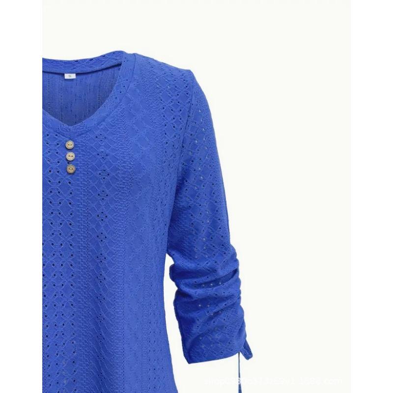 Spring and Summer New Solid Color Jacquard Button Long-sleeved Straps Hollow Loose T-shirt Top