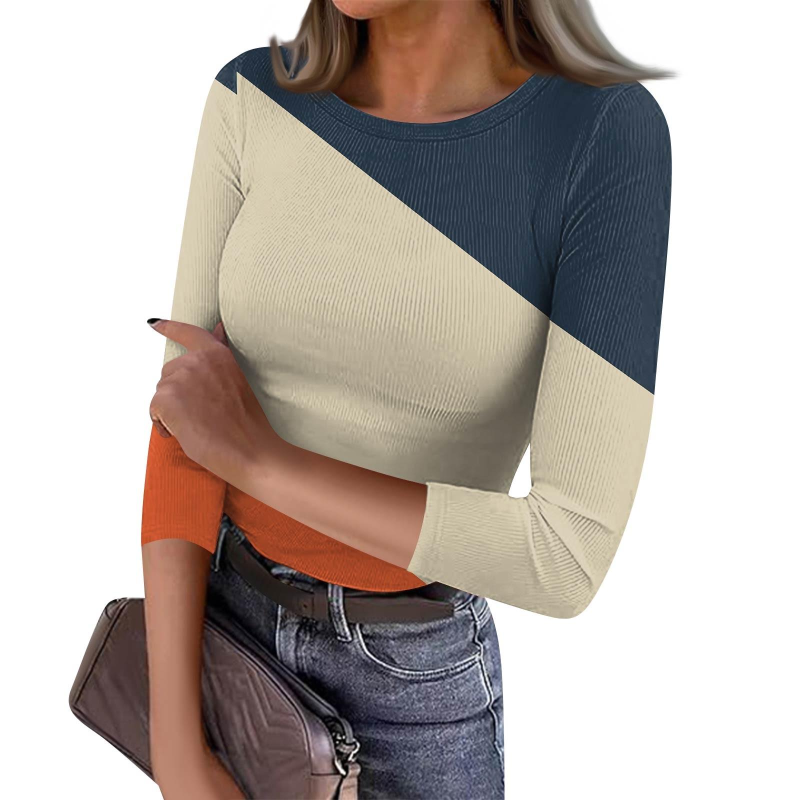 

Женская футболка с зауженным низом, модная повседневная полосатая напечатанная круглая горловина, пуловер, топ с семью рукавами XL оранжевый