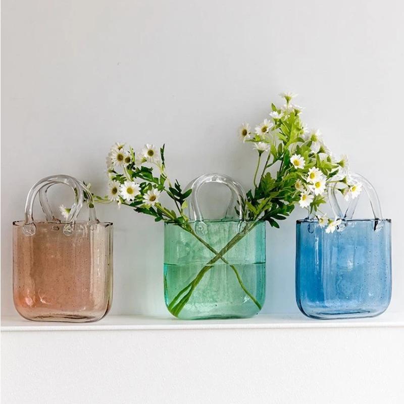 Trendige Glas-Handtaschen-Vase, Kreative Blasen-Fischglas-Blumenvase für Tischplatte, Hydroponische & Dekorative Blumen