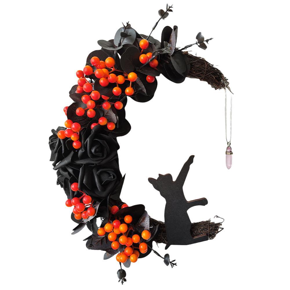 Halloween Wreath with Skull Black Roses Rose Grapevine Garland Handmade Artificial Moon Cat Garland Goth Roses Black Cat Garland