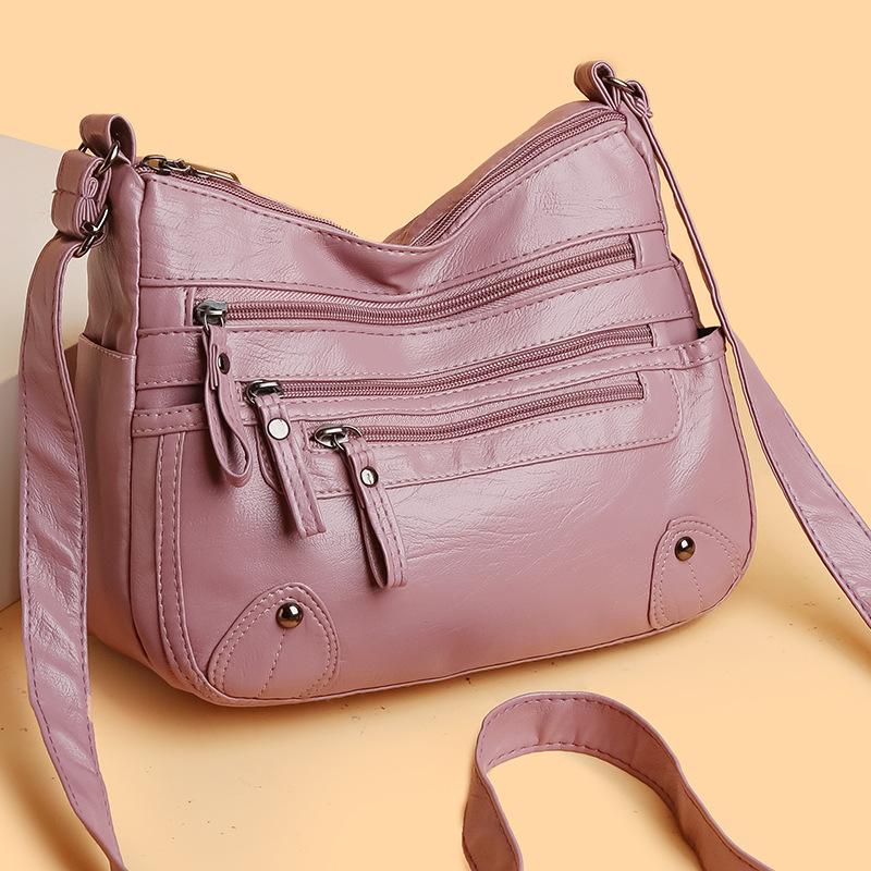 

Мягкая кожаная сумка среднего возраста с несколькими карманами, новая водонепроницаемая сумка через плечо из полиуретана 2025 года, многослойная вместительная модная сумка через плечо для поездок на работу розовый