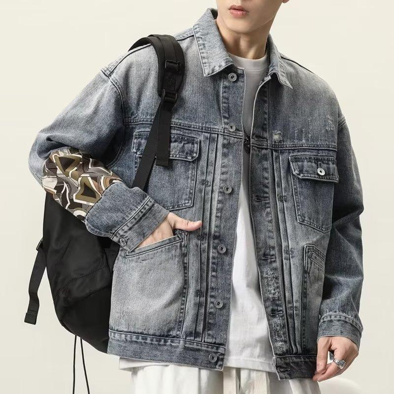 Men s Trendy Japanese-Style Patchwork Denim Jacket M [100-110 lbs] синий