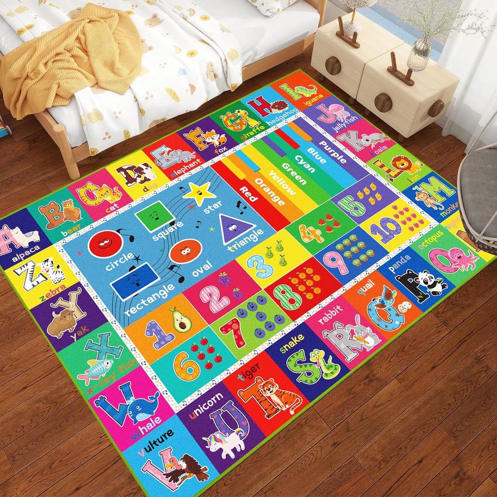 Educational ABC Kids Carpet with Numbers and Animals, Preschool Play Mat for Bedroom, Playroom, and Classroom