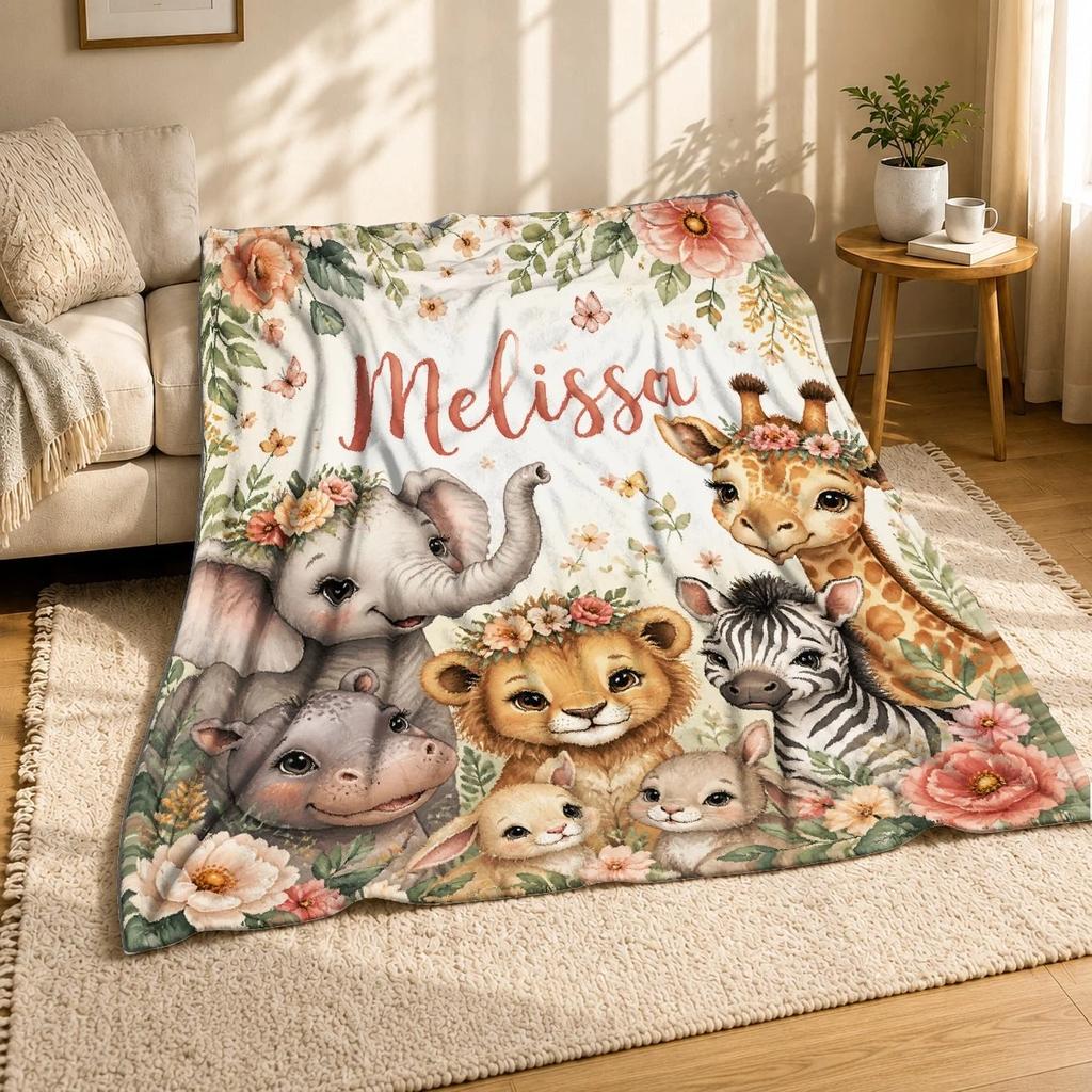 Melissa Baby Animals Floral Coral Fleece Blanket Personalized Cute Decor