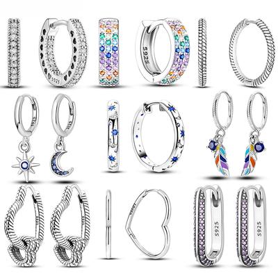925 Silver Women Hoop Earrings Fashion Pendientes Gift for Female Girl Sparkling Pave CZ U Heart Shape Star Moon Earring