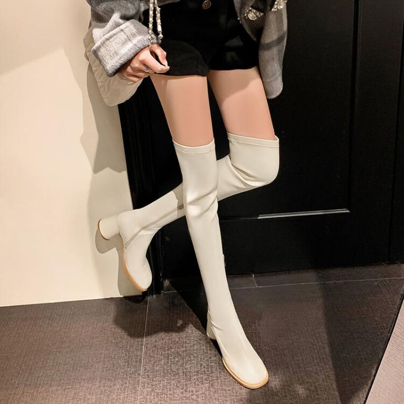 

Новые женские ботфорты с круглым носком, повседневные на среднем каблуке, женские ботфорты выше колена, на молнии, на квадратном каблуке, осенне-зимние черные тонкие ботинки для женщин 39