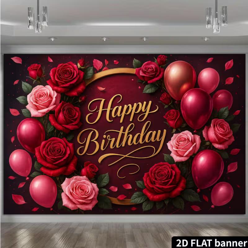 2D Rote Rose Geburtstag Hintergrund mit Weinroten Rosen & Rosa Luftballons